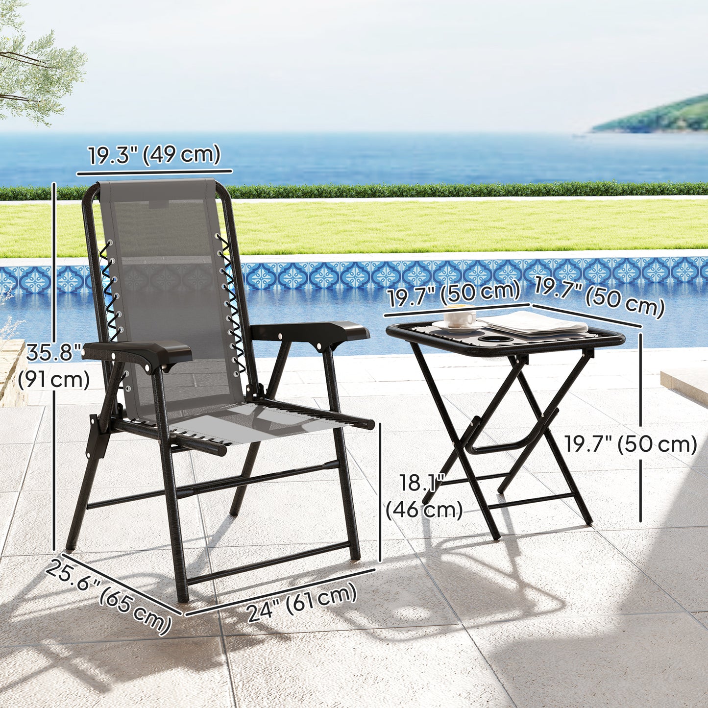 3 Pieces Patio Bistro Set, Outdoor Folding Table and Chairs Set, Metal Patio Furniture Set with Cup Holders