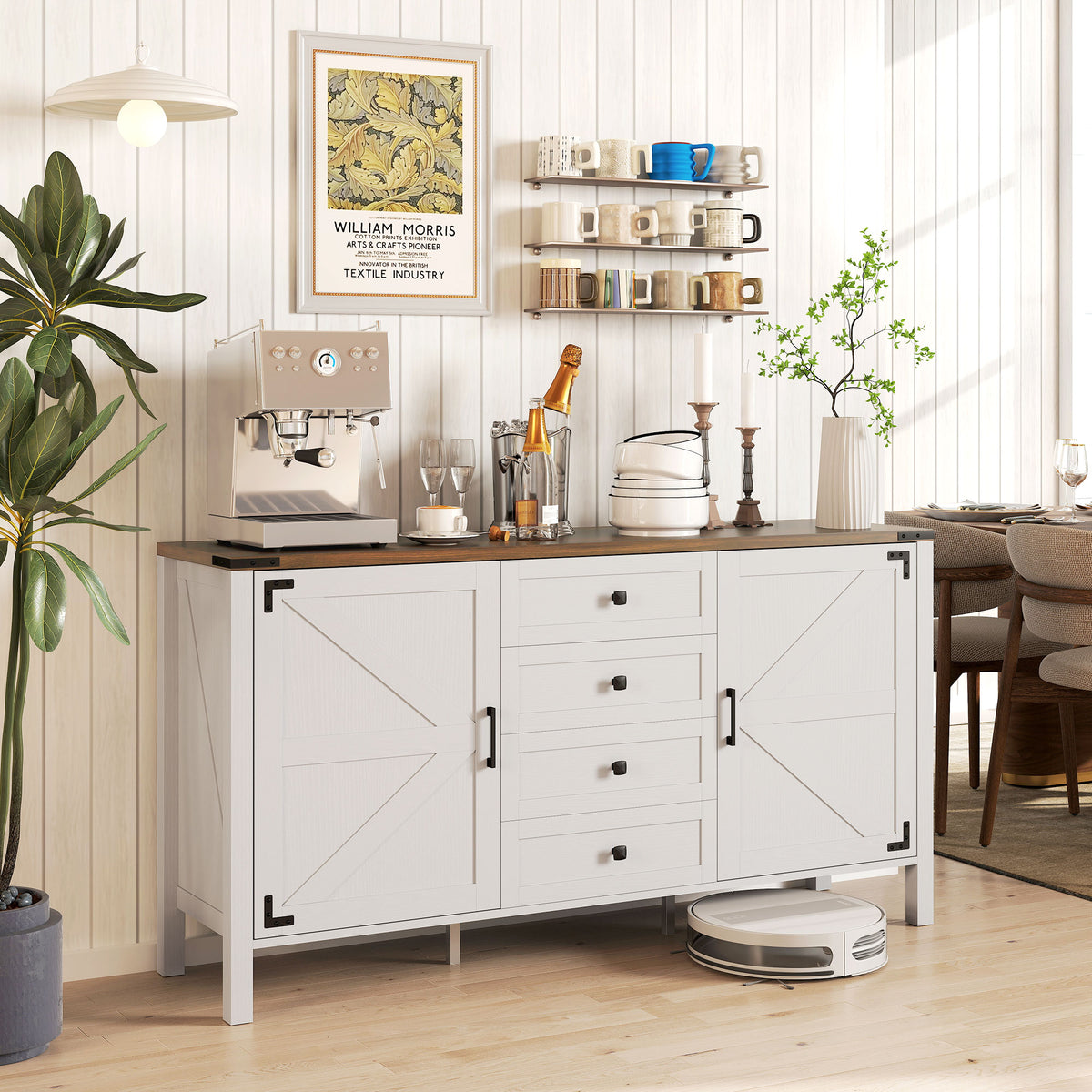 59" Buffet Cabinet, Farmhouse Sideboard with Thick Top, 2 Barn Doors, 4 Drawers and 2 Adjustable Shelves, White