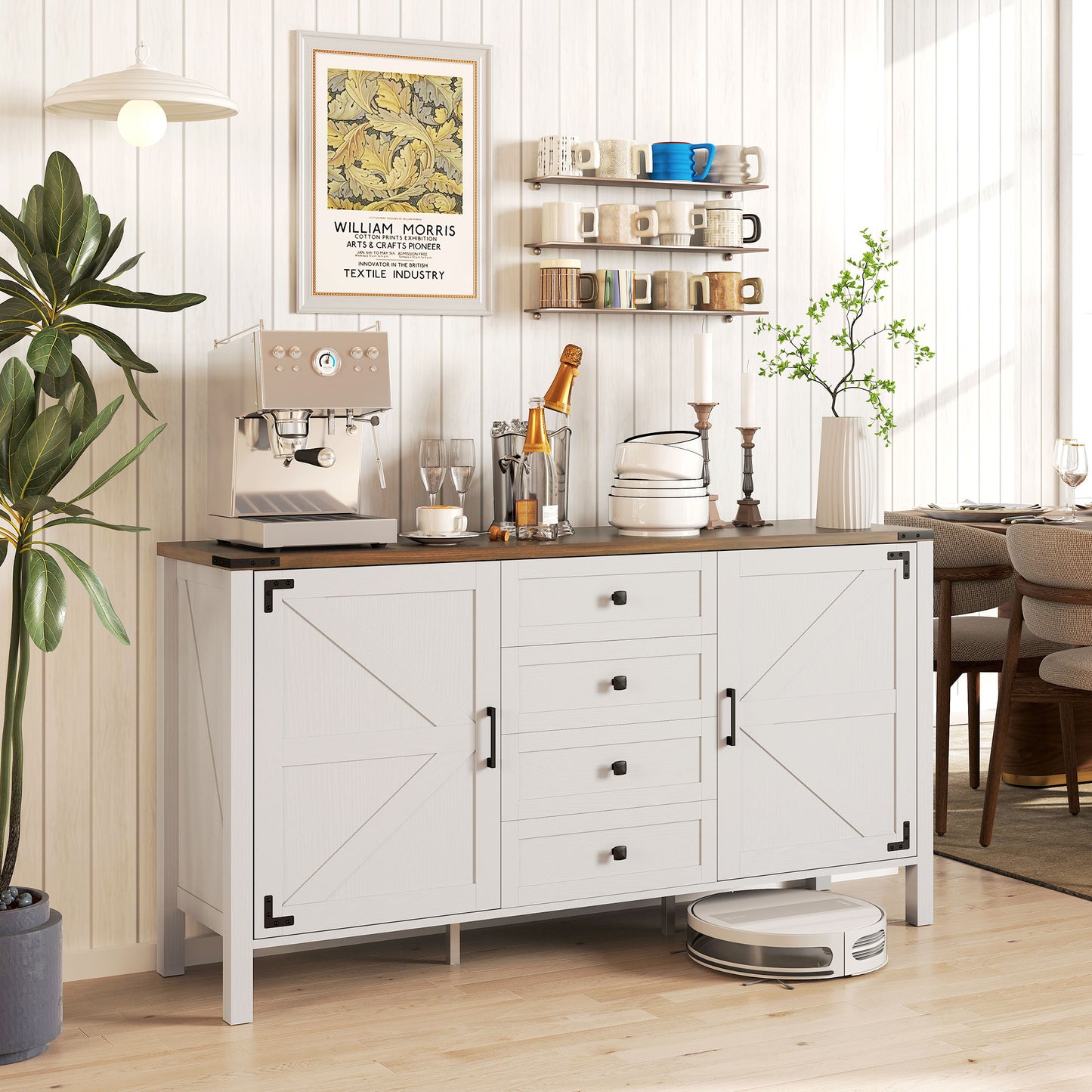 59" Buffet Cabinet, Farmhouse Sideboard with Thick Top, 2 Barn Doors, 4 Drawers and 2 Adjustable Shelves, White