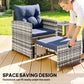 5 Piece Patio Furniture Set, Wicker Patio Chairs with Ottomans, 2-Tier Glass Coffee Table and Cushions, Grey/Dark Blue