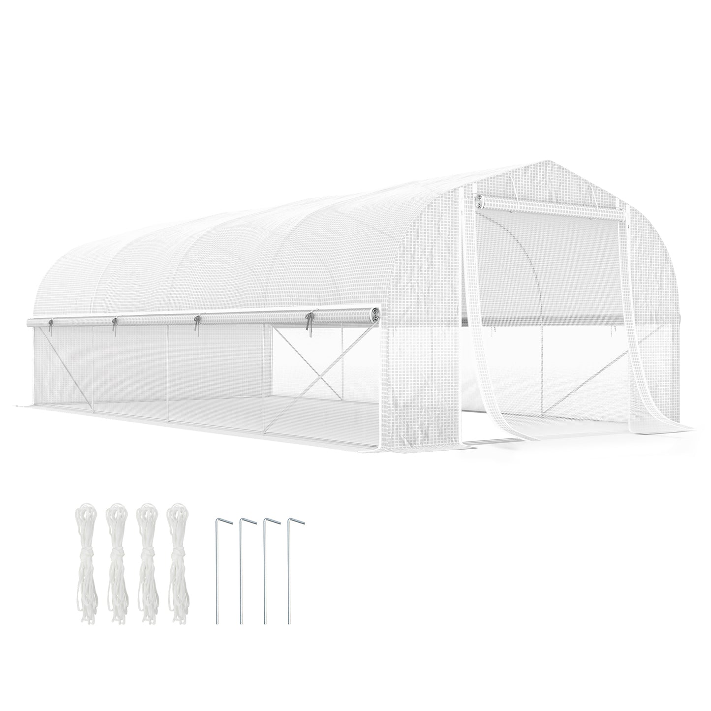 19.5' x 10' x 6.6' Tunnel Greenhouse Outdoor Green House with Roll-up Mesh Sidewalls, Mesh Door, Galvanized Steel, Wind Resistant, White