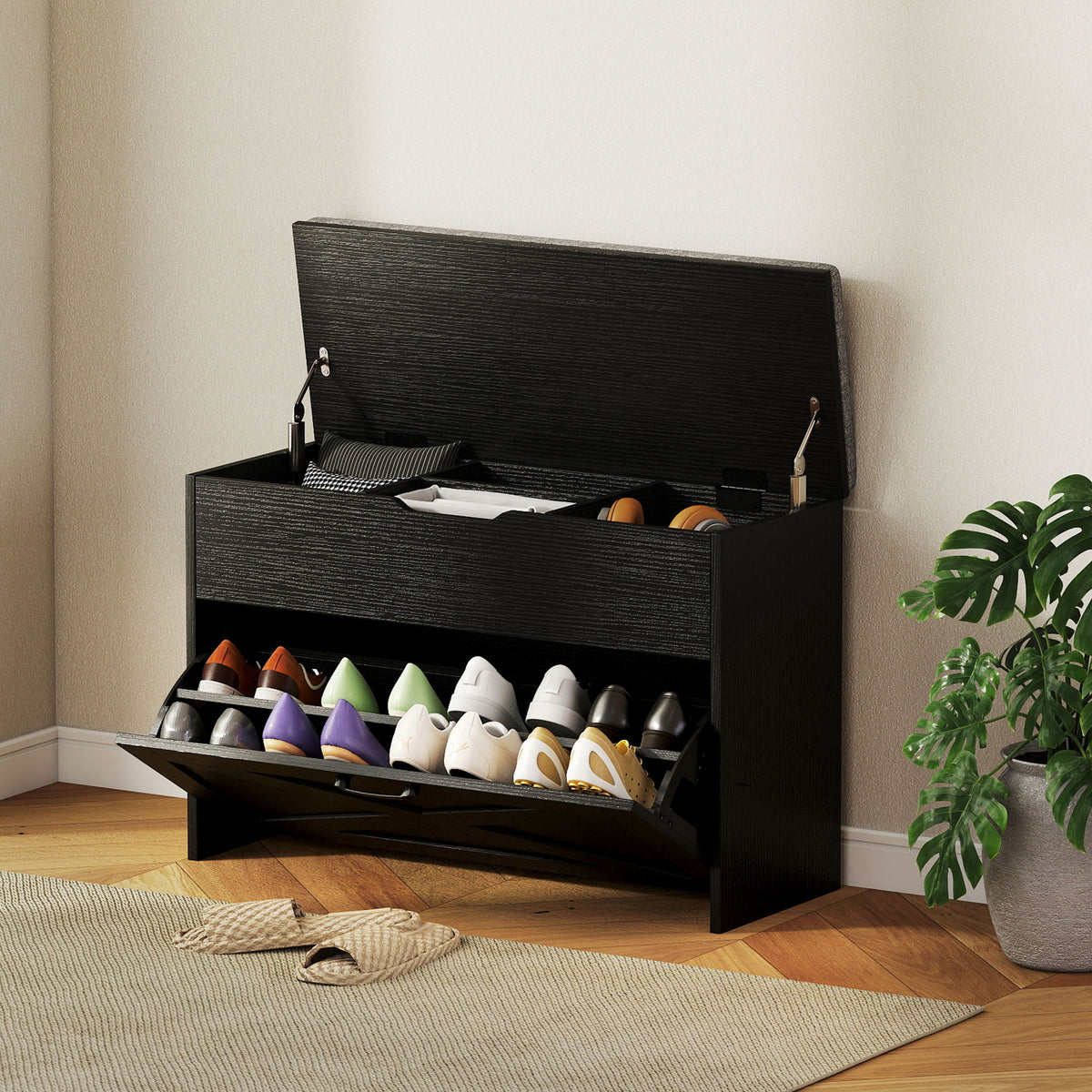 Shoe Storage Bench with Flip Drawer and Lift Top Storage, Entryway Bench with Seat Cushion for Hallway, Black