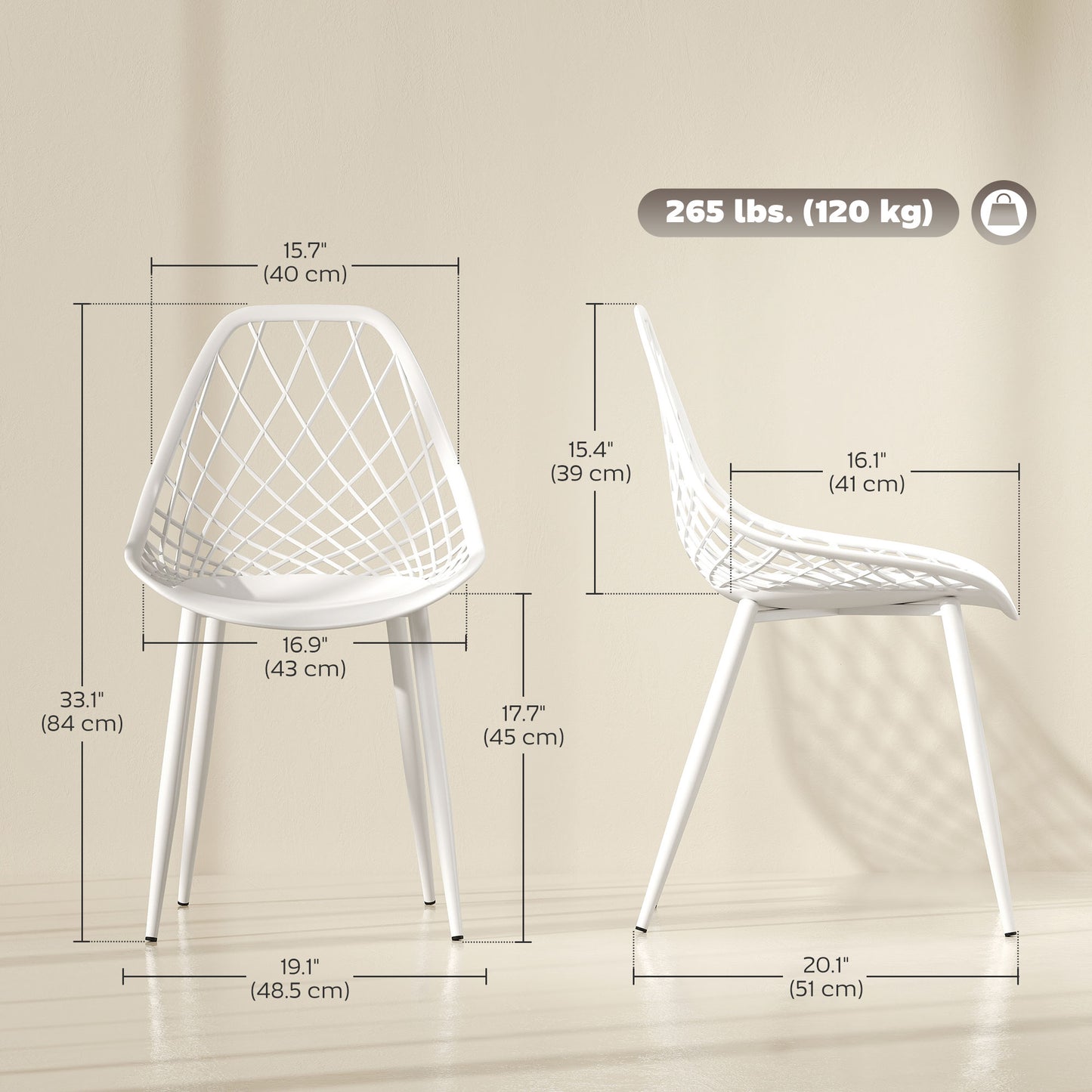 Modern Dining Chairs Set of 4, Plastic Kitchen Chairs with Hollow Backrest and Metal Legs for Living Dining Room, White