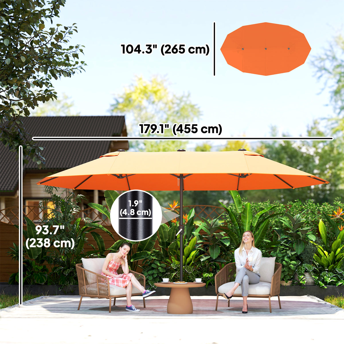 15' Orange Twin Canopy Steel Table Umbrella