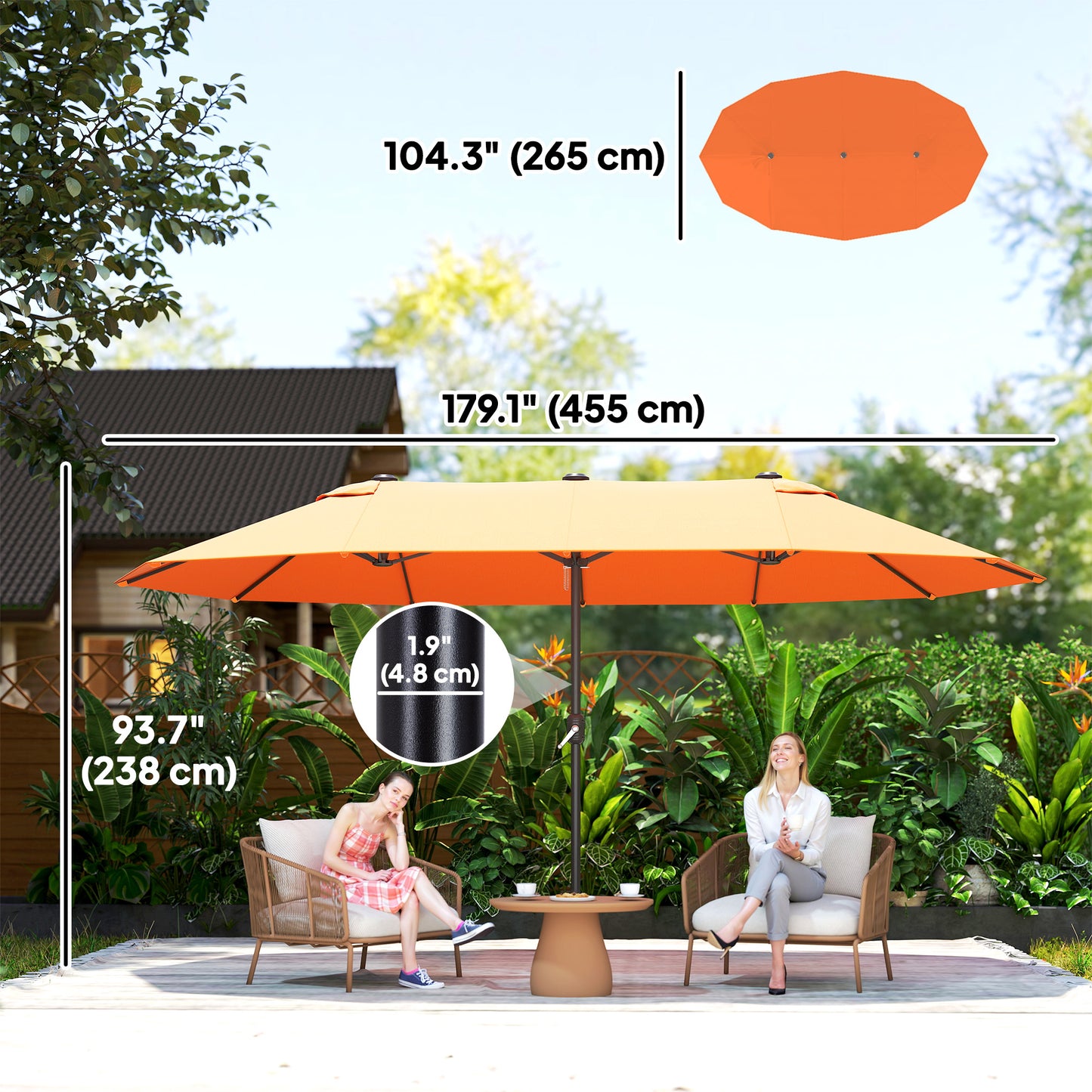 15' Orange Twin Canopy Steel Table Umbrella