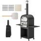 Outdoor Wood Fired Pizza Oven with Side Shelves and Open Cabinet, Pizza Maker on Wheels with Thermometer, Stone, Peel
