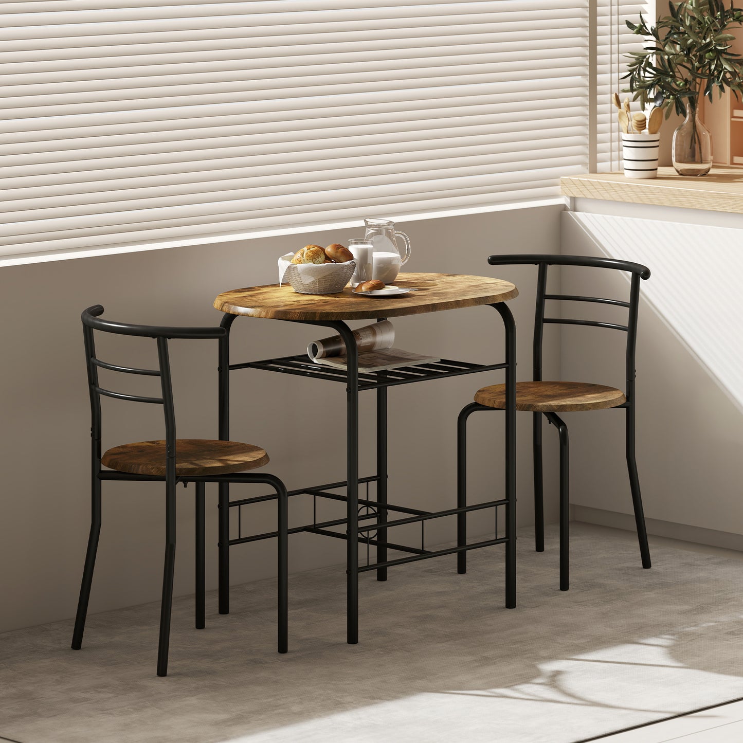 Dining Table Set of 3, Kitchen Table and Chairs Set for 2 with Shelf, Living Room Rustic Brown