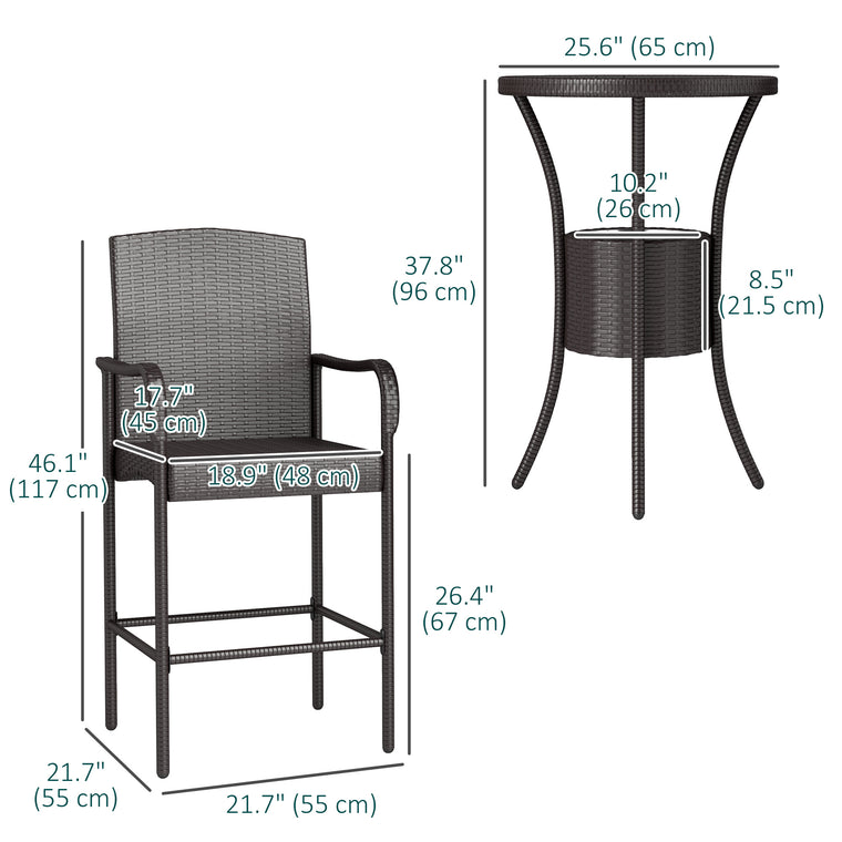 Dark Brown 3-Piece Rattan Bar Set with Ice Bucket