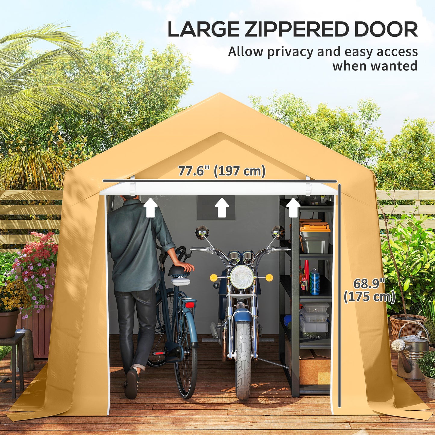 Outdoor Storage Shed Portable Garage with Roll-up Door for Motorcycle, Bike, Garden Tools, Beige