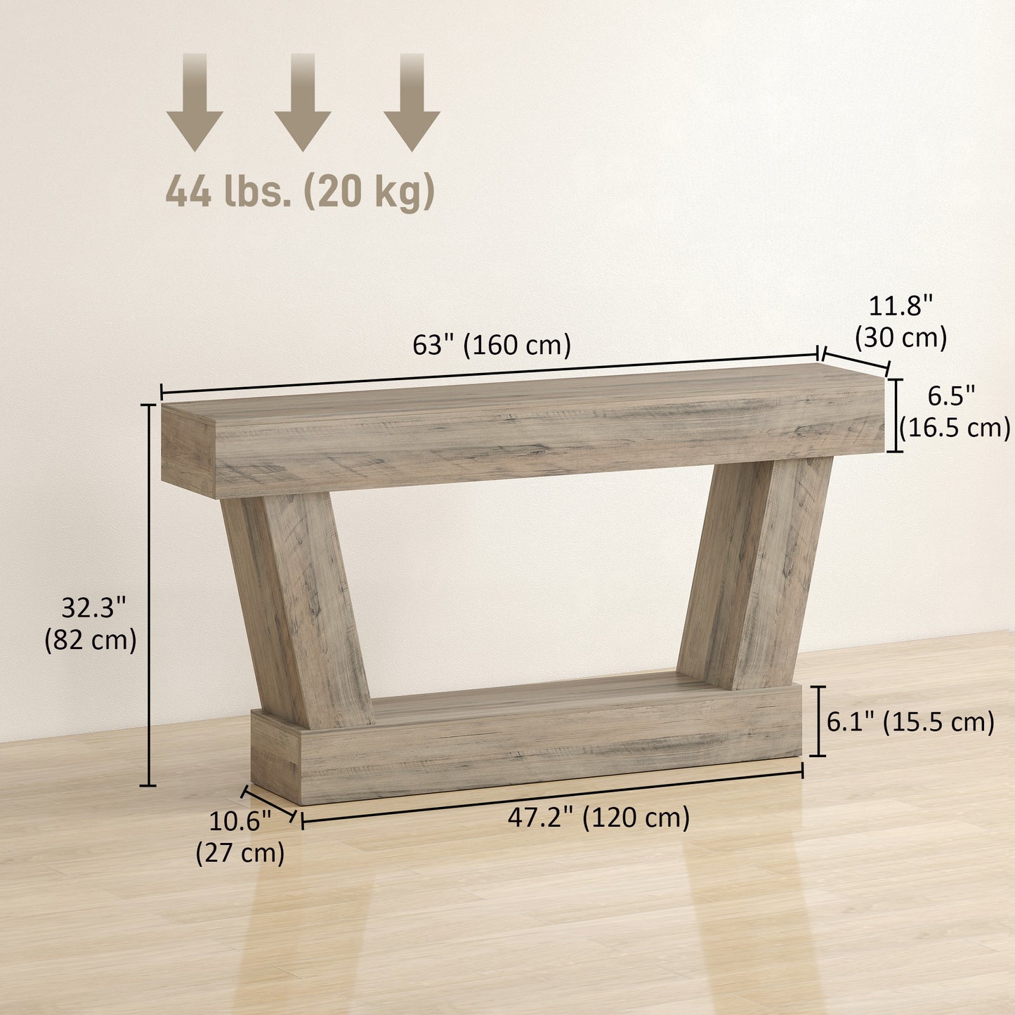 63 Inch Vintage Console Table, Narrow Entryway Table with Open Shelf for Living Room, Light Brown