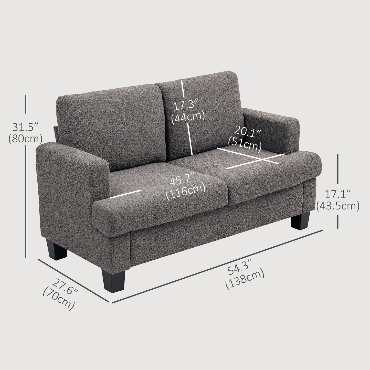 54.3" Loveseat Sofa, 2 Seater Sofa with Removable Cushions, Small Couch with Solid Wood Frame for Living Room, Dark Grey