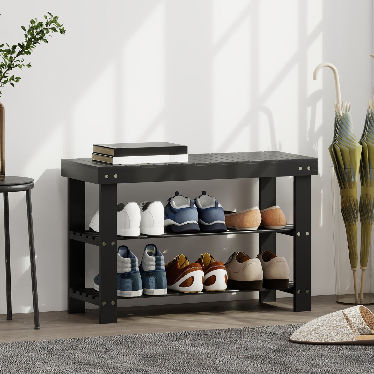 Bamboo Shoe Storage Bench, 3-Tier Entryway Bench with 2 Storage Shelves for Hallway, Holds 6 Pairs, Black