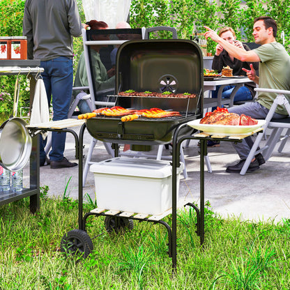 Black Charcoal BBQ Grill with 3 Shelves & Lockable Lid