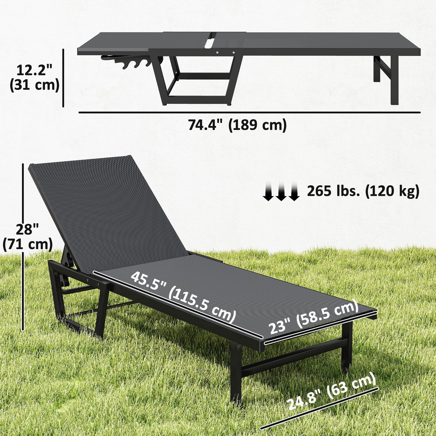 Lounge Chair Outdoor, 63 cm Wide Chaise Lounge Tanning Chair, 4-Position Outdoor Tanning Lounger, Dark Grey