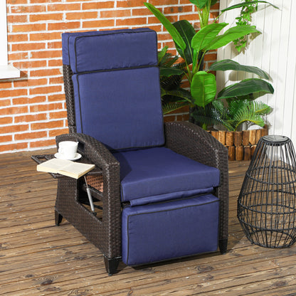 Outdoor Recliner Chair with Adjustable Backrest, Cushion, Side Tray, Black - Blue