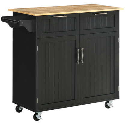 Rolling Kitchen Island with 2 Drawers and Towel Rack - Black