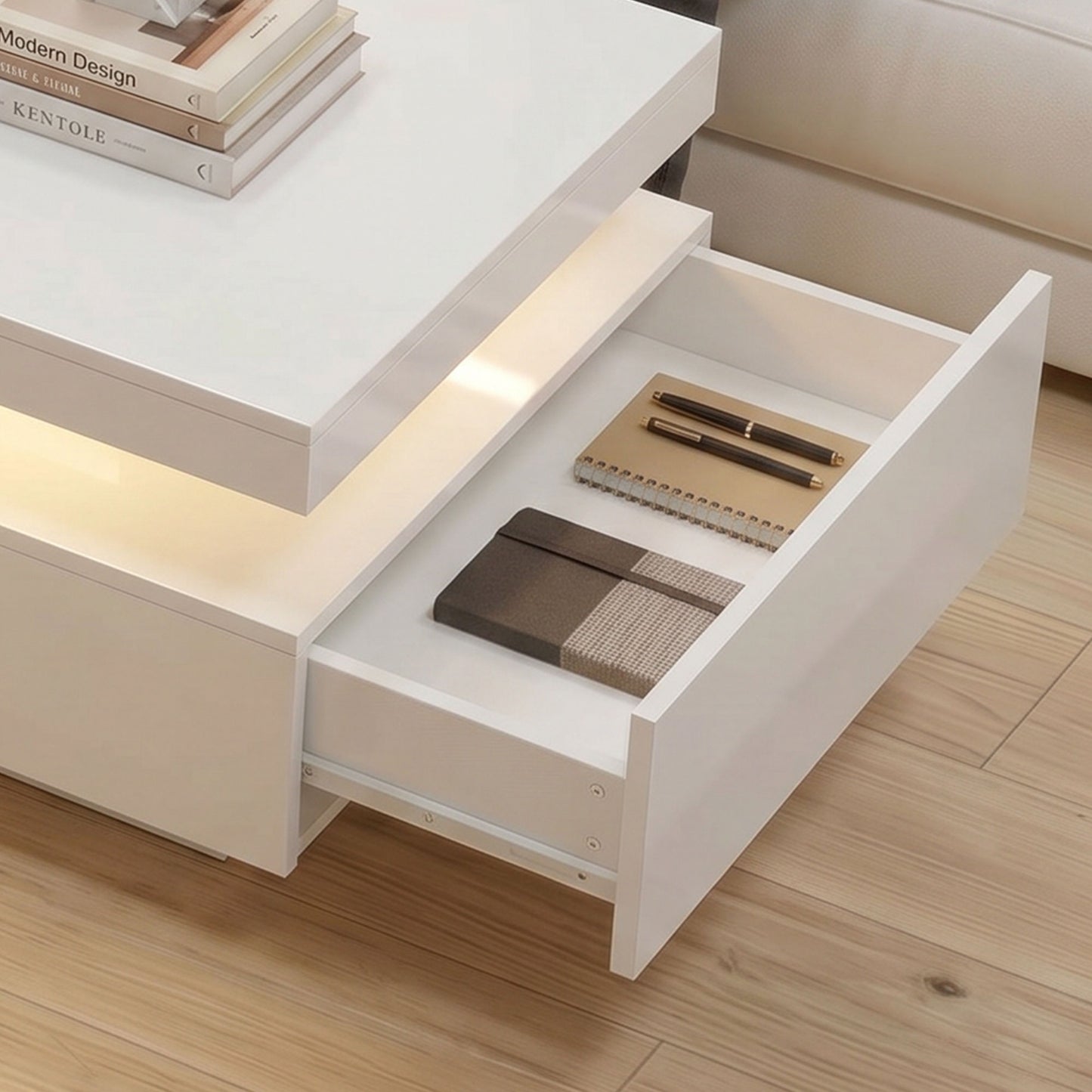 LED Coffee Table with Storage, 2-Tier Modern Center Table with 2 Drawers for Living Room, High Gloss White