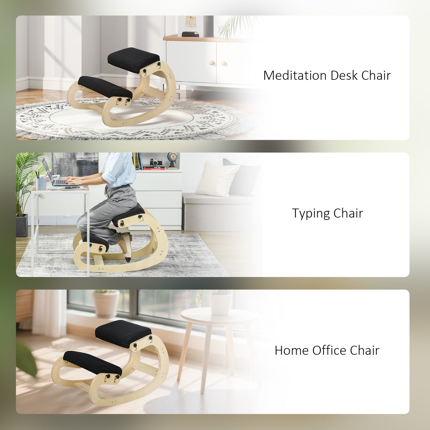 Ergonomic Kneeling Chair, Adjustable Rocking Wood Kneeling Stool, Desk Chair, Improve Posture, Black