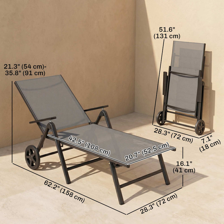 5-Level Folding Chaise Lounge with 2 Wheels