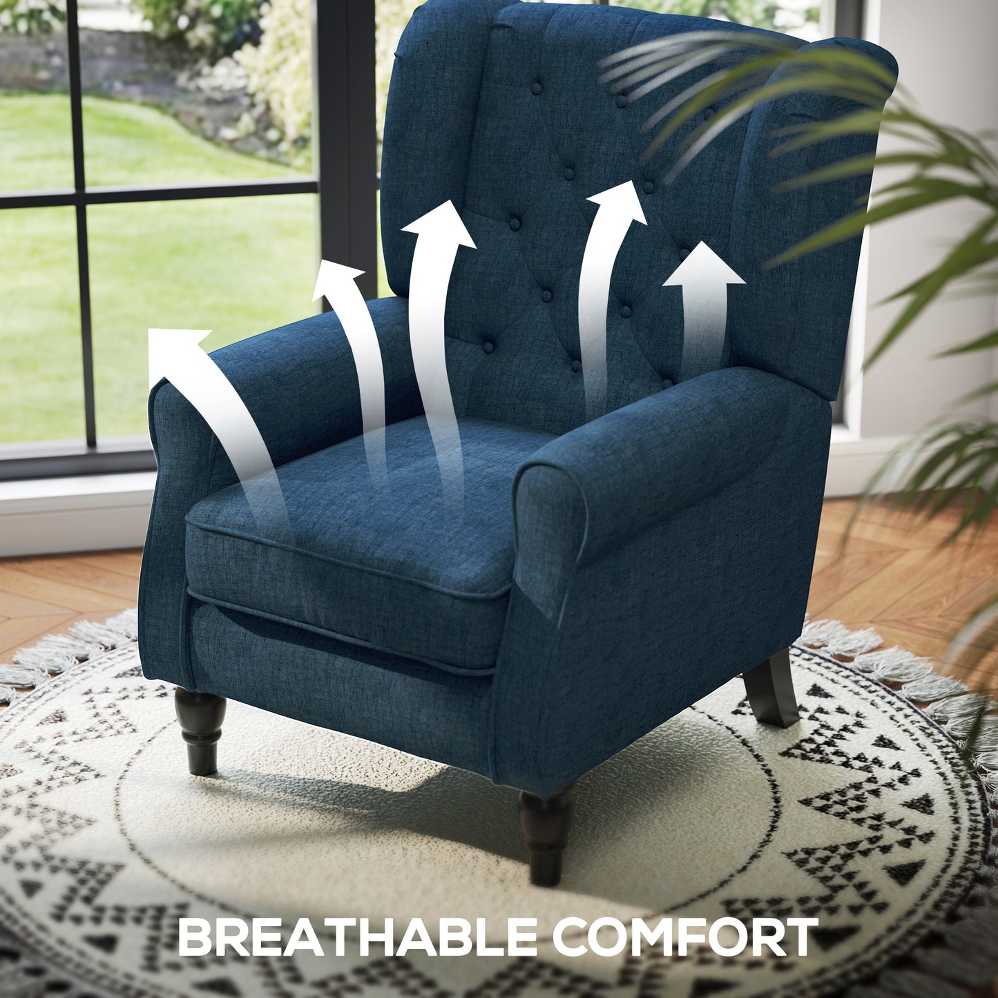 Button Tufted Accent Chair for Living Room - Upholstered Wingback with Wood Legs, Rolled Arms, Thick Padding, Blue