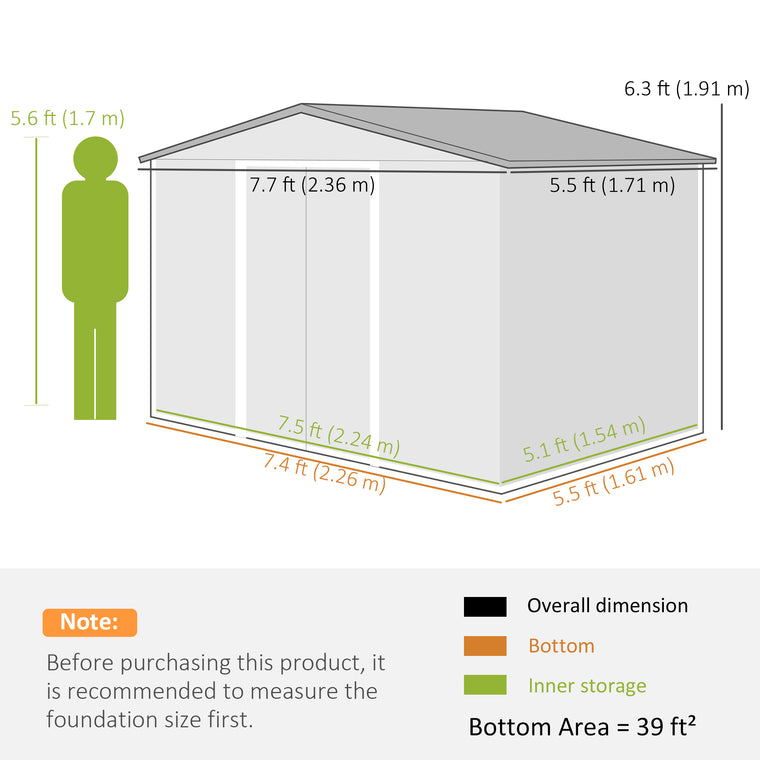 8' x 6' Metal Tool Shed with Lockable Sliding Doors and Vents