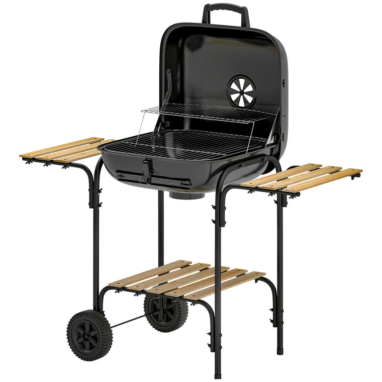 Black Charcoal BBQ Grill with 3 Shelves & Lockable Lid