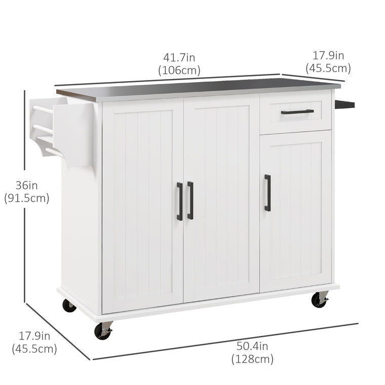 Rolling Kitchen Island with Stainless Steel Top - White