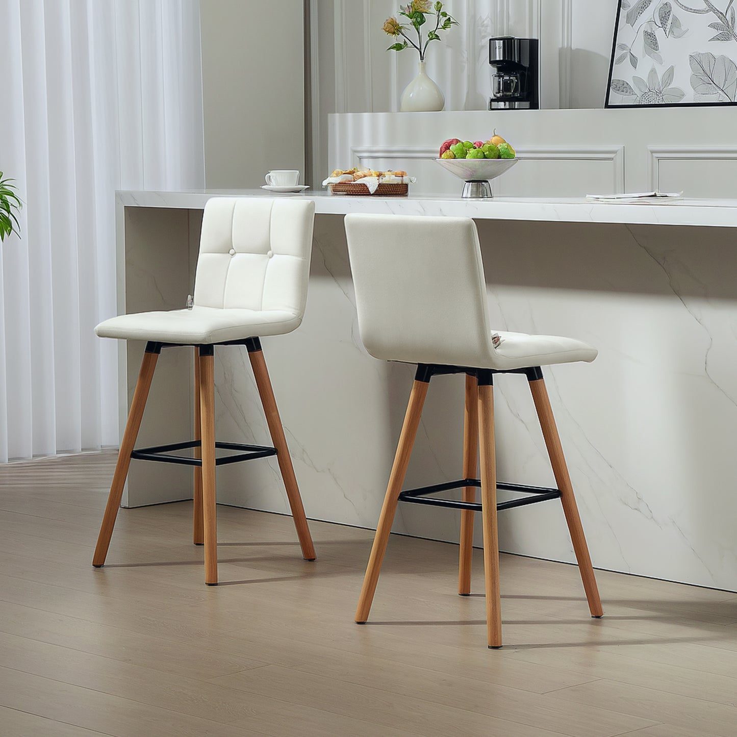 Modern Bar Stools Set of 2, 38" Upholstered Kitchen Island Stool with Solid Wood Legs, White