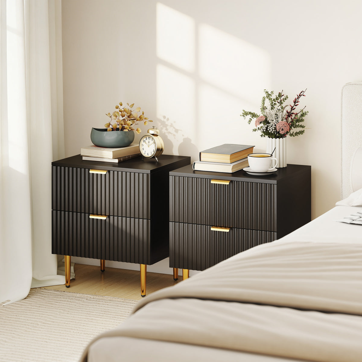 Bedside Table Set of 2, Modern Nightstand with 2 Drawers, Side End Table with Metal Legs for Living Room, Bedroom, Black