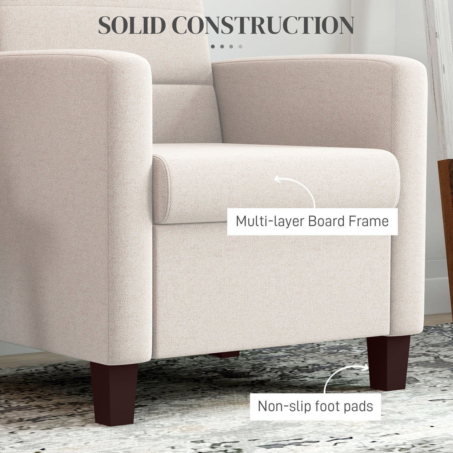 Fabric Accent Chair, Modern Armchair with Seat Cushion and Non-Slip Pads for Living Room, Bedroom, Cream White