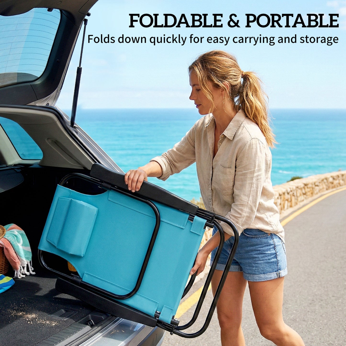 Set of 2 Beach Chair 5-Position Adjustable Folding Camping Chair with Headrest Armrests Light Blue