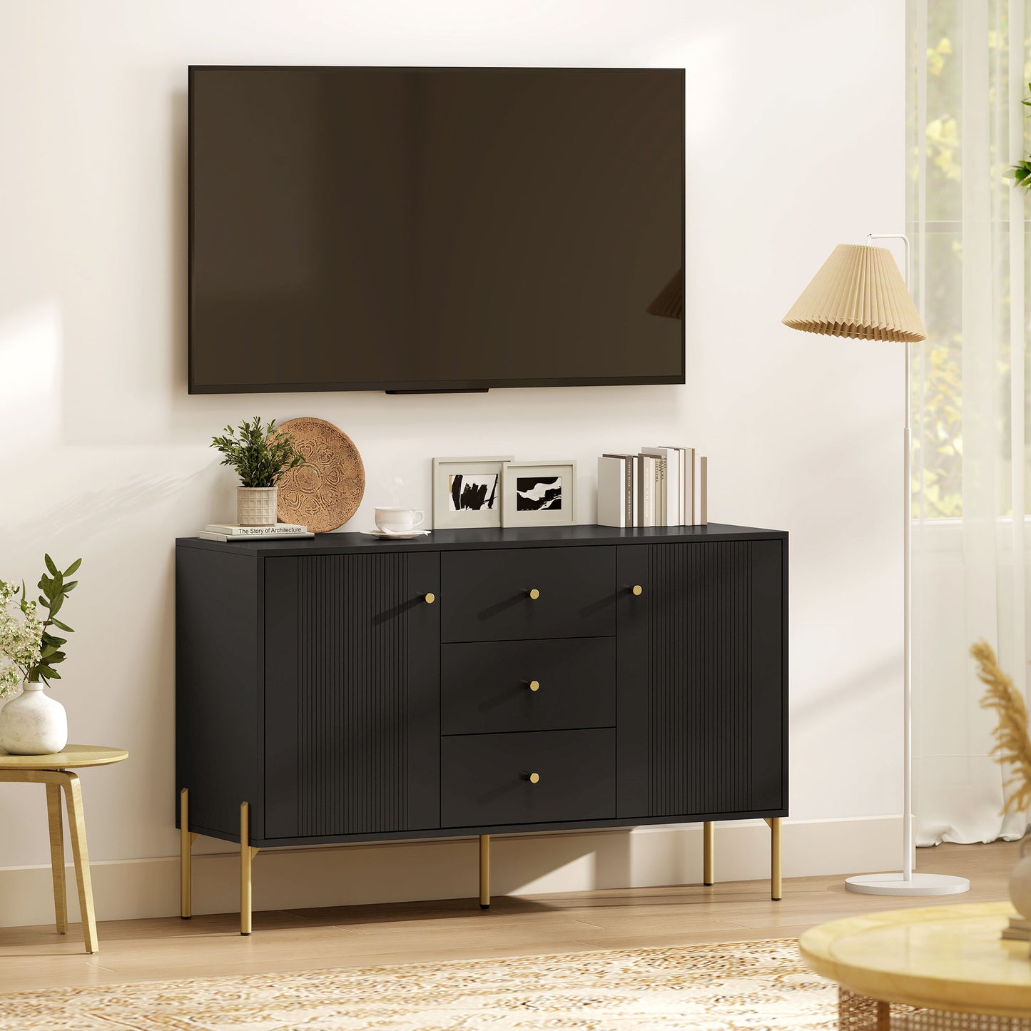 Buffet Cabinet, Modern Sideboard with 3 Soft-Close Drawers and 2 Adjustable Shelves for Living Room, Kitchen, Black