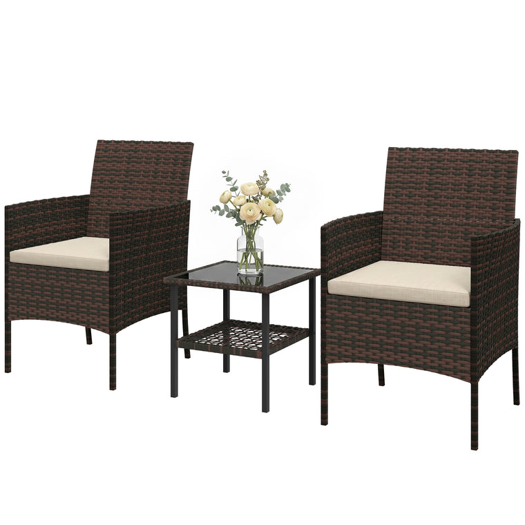 3-Piece Wicker Bistro Set with 2-Tier Glass Top Table