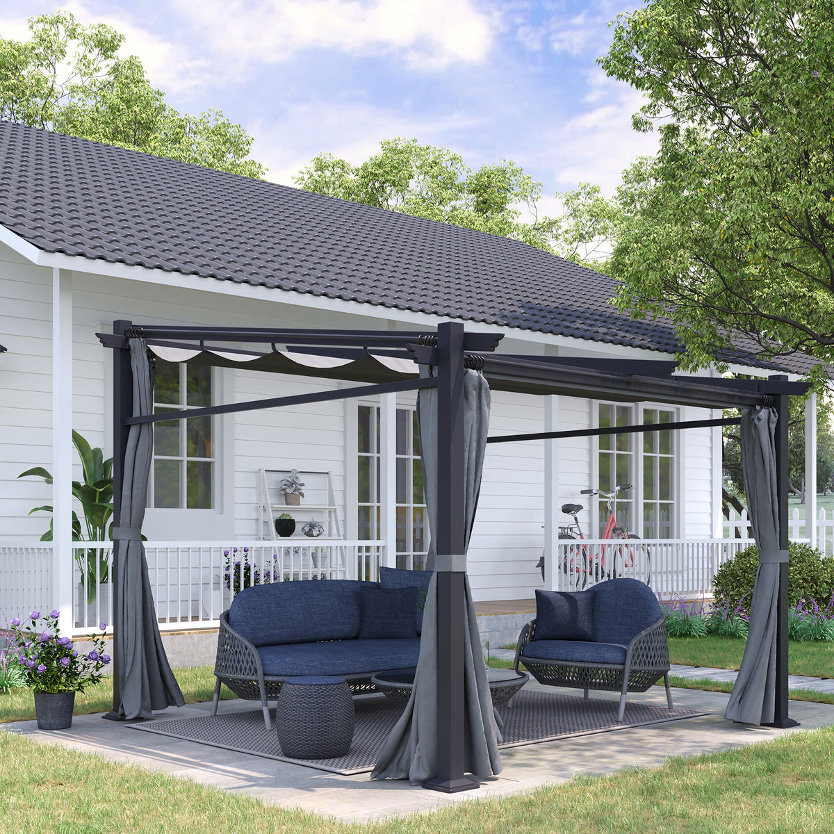Metal Pergola with Sliding Roof Canopy, Retractable Pergola Canopy - 10' x 10'