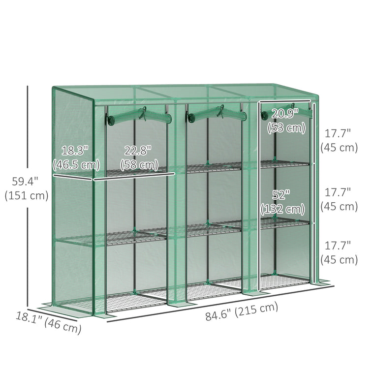 Green Lean-To Greenhouse with 3-Tier Shelves & 3 Roll-Up Doors