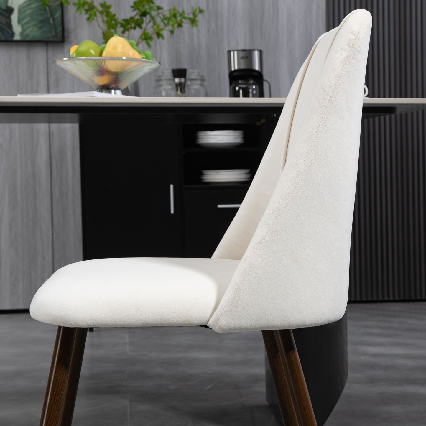 Upholstered Dining Chairs Set of 4, Velvet Accent Chair with Back and Wood-grain Steel Leg for Kitchen, Cream White