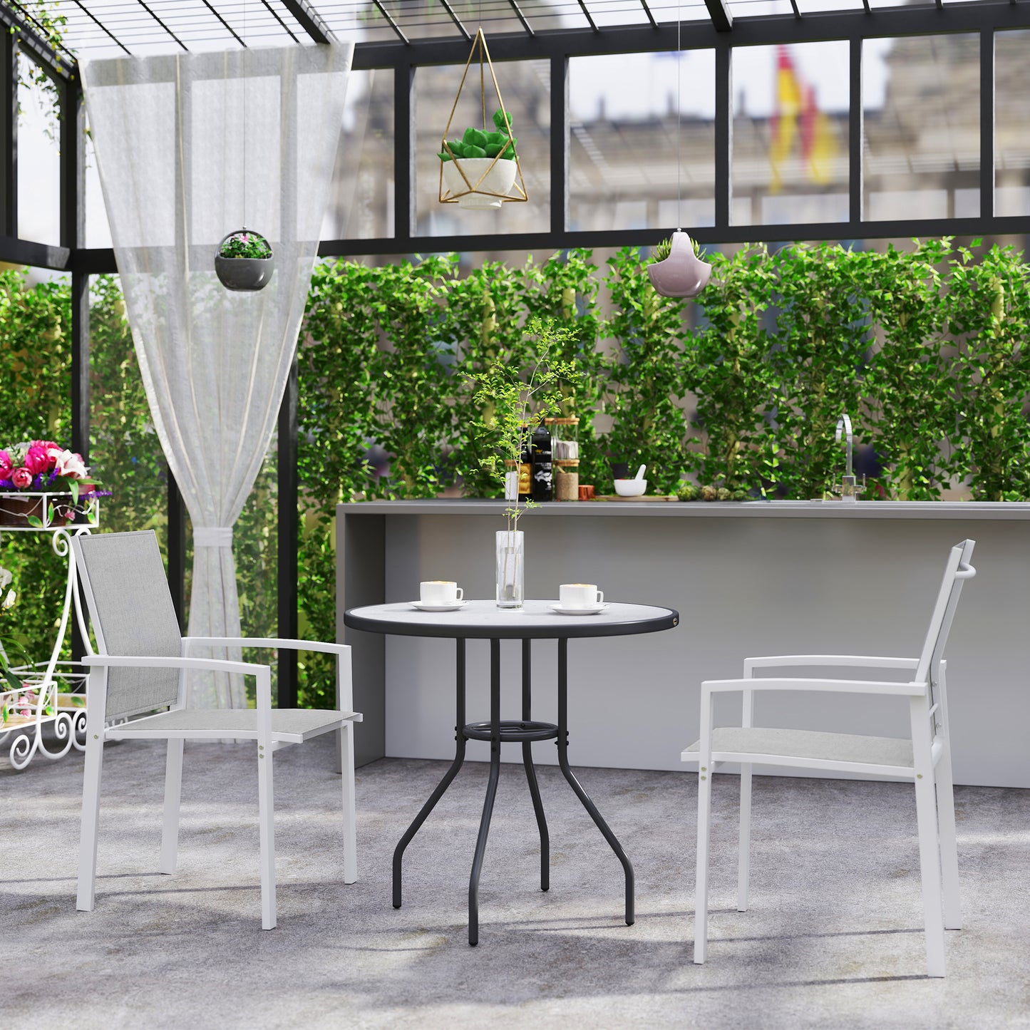 Set of 2 Outdoor Garden Chairs, Stackable Patio Dining Chairs with Breathable Fabric, Armrests and Backrest, Light Grey