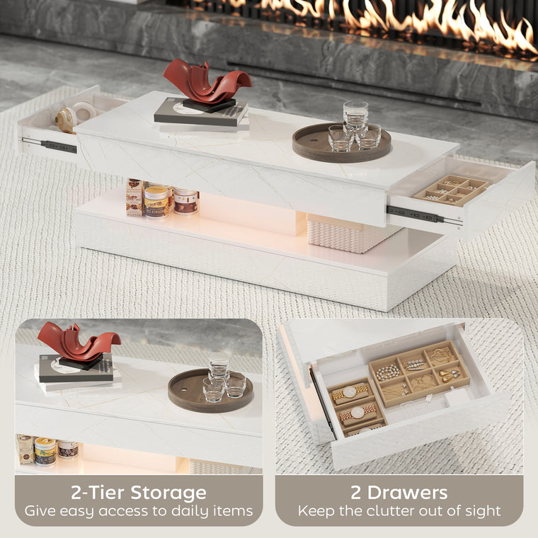 LED Coffee Table with 2 Drawers and Shelf