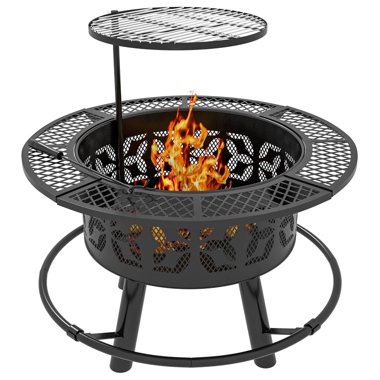 Black 33" Wood-Burning Fire Pit with Adjustable Grill Grate