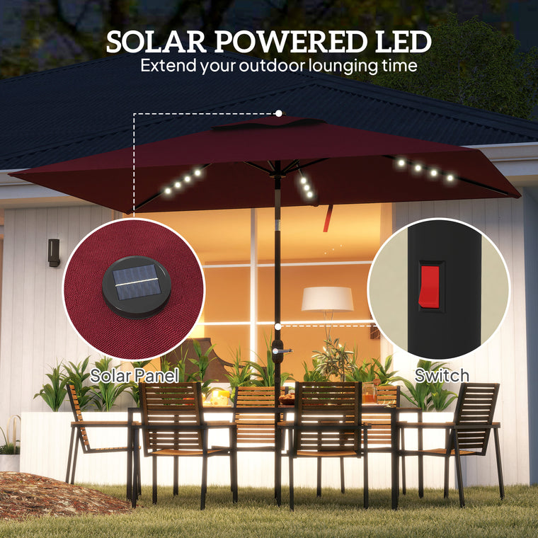 6' x 10' Wine Red Rectangular Umbrella with 22 LED Solar Lights
