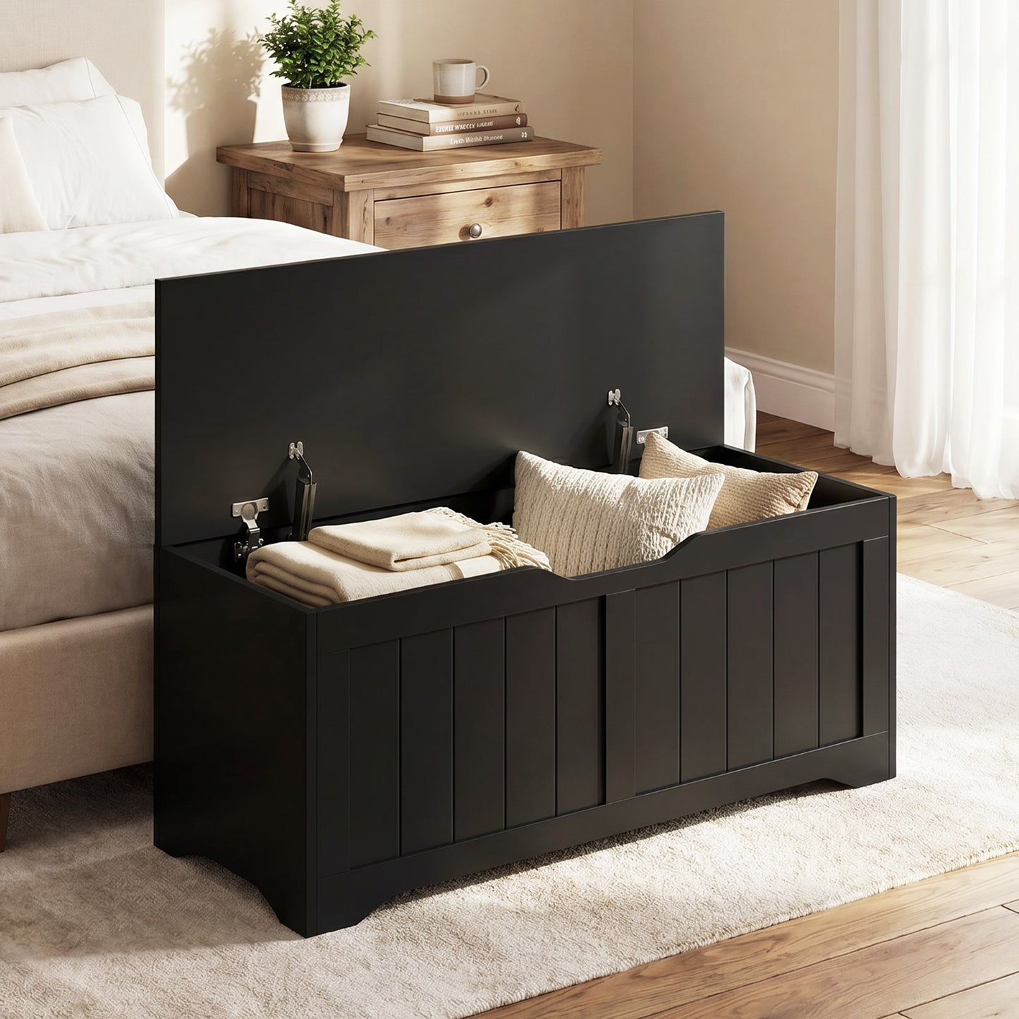 Storage Bench with Lift Top Storage Chest with Safety Hinges for Entryway, Living Room, Black