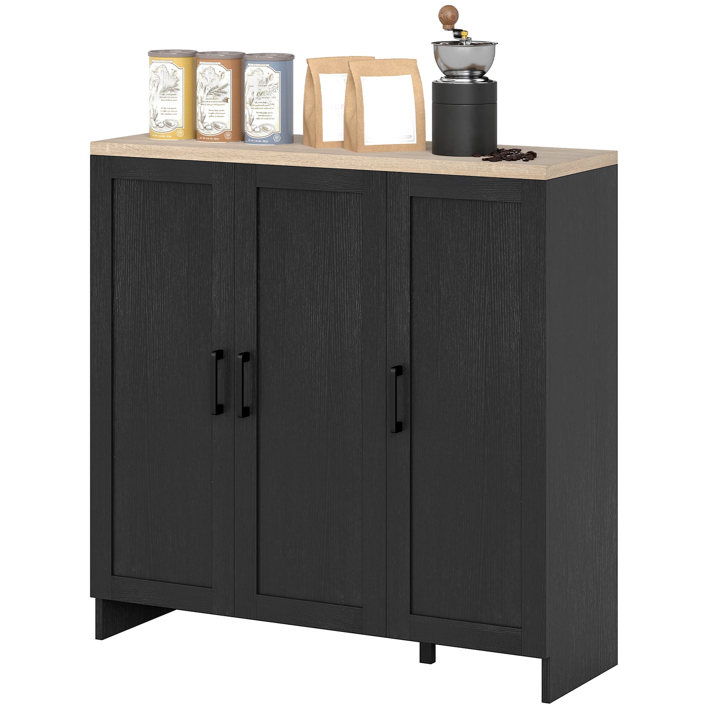 Modern Sideboard Buffet Cabinet, Modern Kitchen Storage Cabinet with 3 Doors Adjustable Shelves, for Dining Room, Black