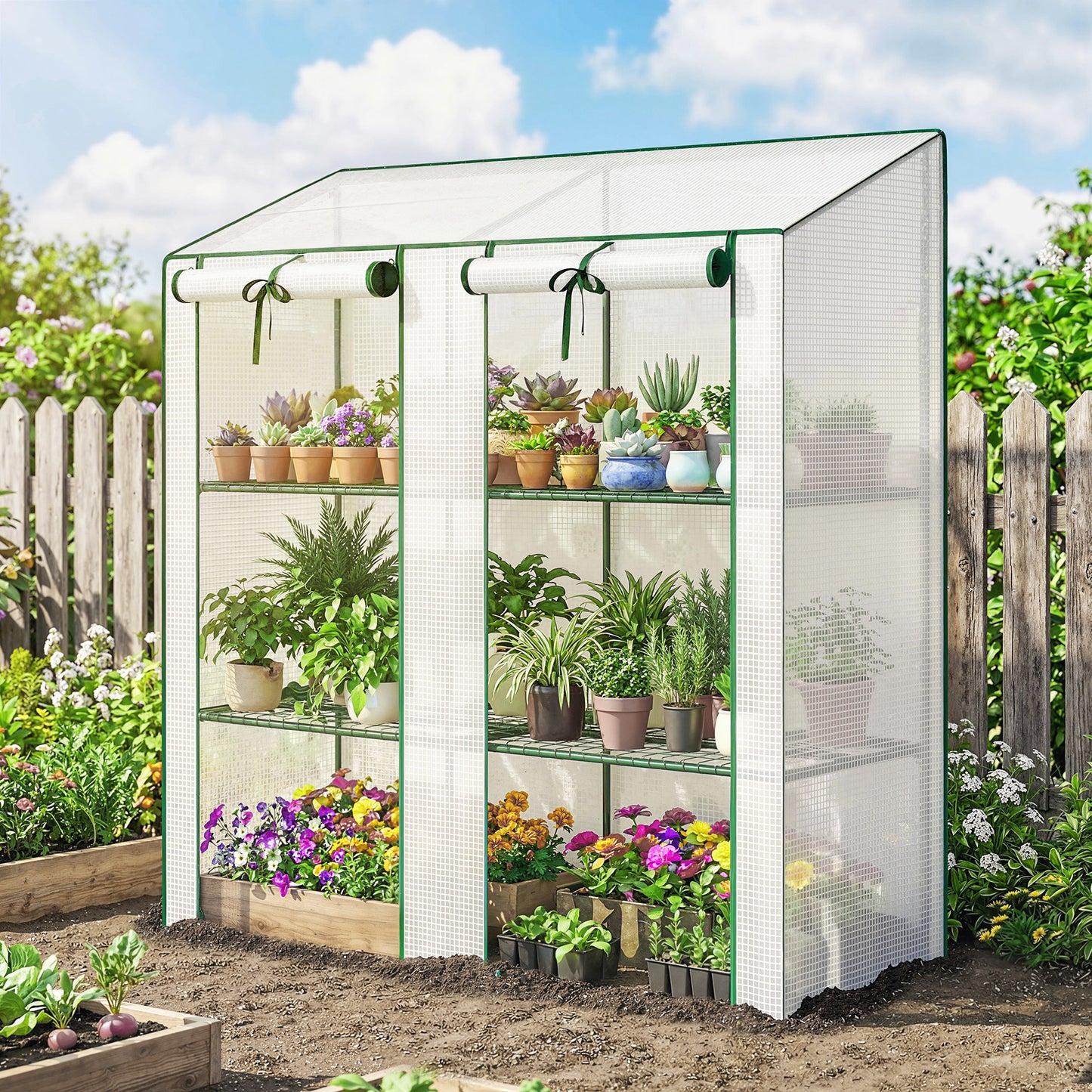 Portable Mini Greenhouse Green House with 3 Tier Shelves, Reinforced PE Cover, Roll-up Doors, 56.3"x18.1"x59.4", White