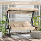 3-Seat Outdoor Patio Swing Chair, 2-in-1 Convertible Flat Bed, Canopy Swing with Adjustable Shade, Removable Cushions, Cup Holder, Light Brown