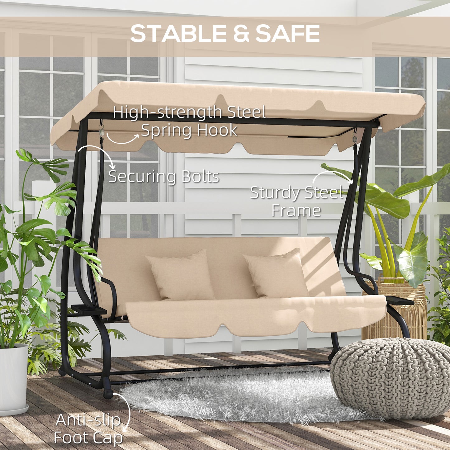 3-Seat Outdoor Patio Swing Chair, 2-in-1 Convertible Flat Bed, Canopy Swing with Adjustable Shade, Removable Cushions, Cup Holder, Light Brown