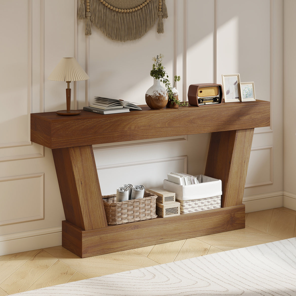 63 Inch Vintage Console Table, Narrow Entryway Table with Open Shelf for Living Room, Dark Brown