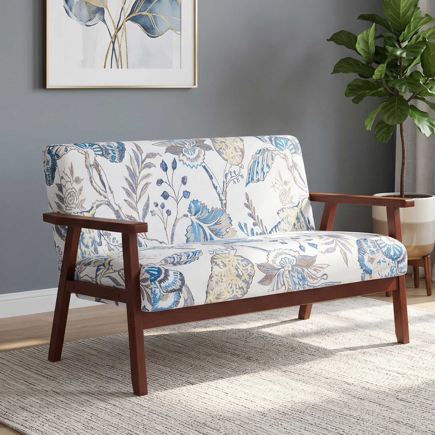 Compact Loveseat Sofa Couch Linen Fabric Double Seat Sofa with Rubber Wood Legs Multicolour