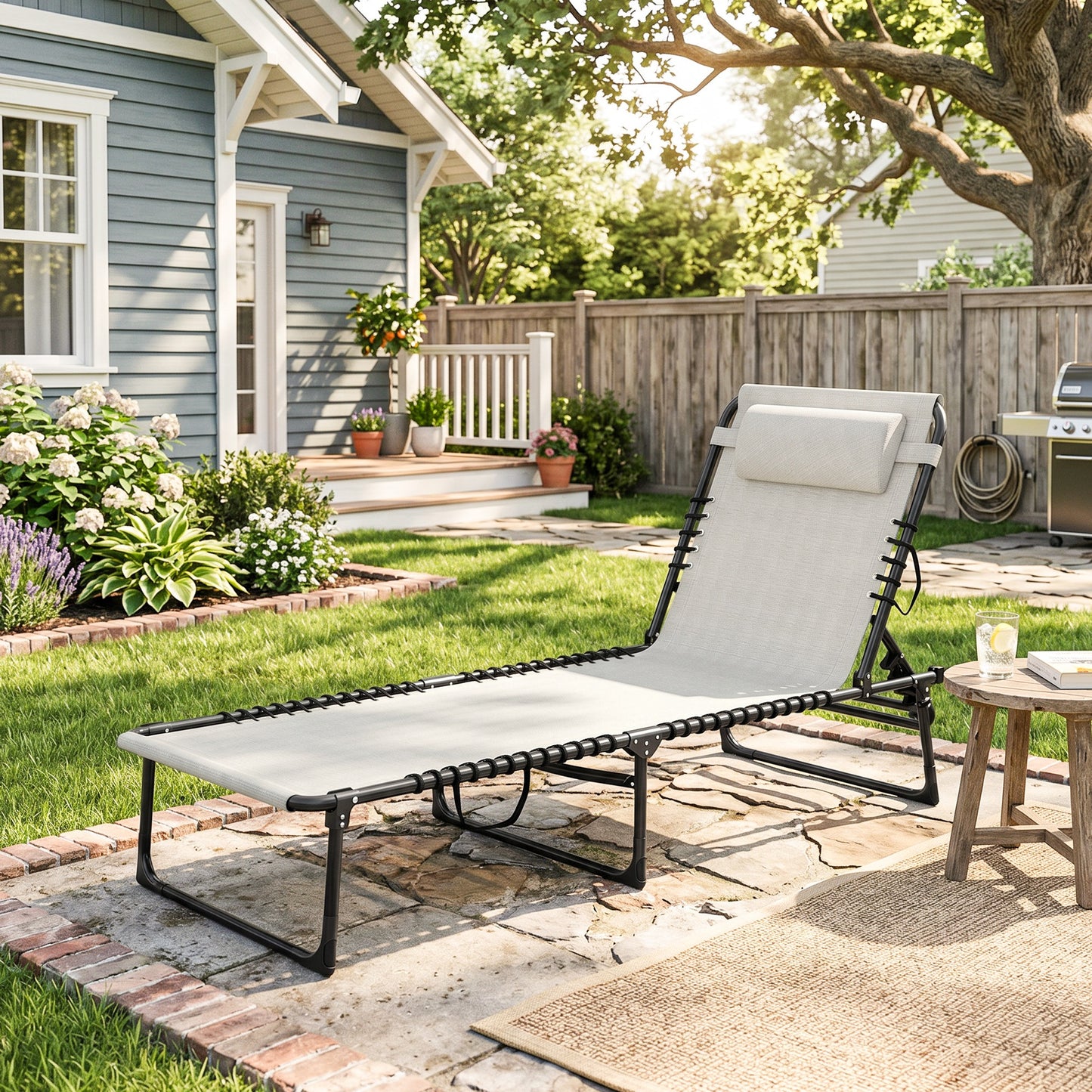 Outdoor Folding Lounge Chair, 4-Level Adjustable Chaise Lounge with Headrest, Tanning Chair Beach Bed, Reclining Lounger Cot for Camping, Hiking, Backyard, Cream