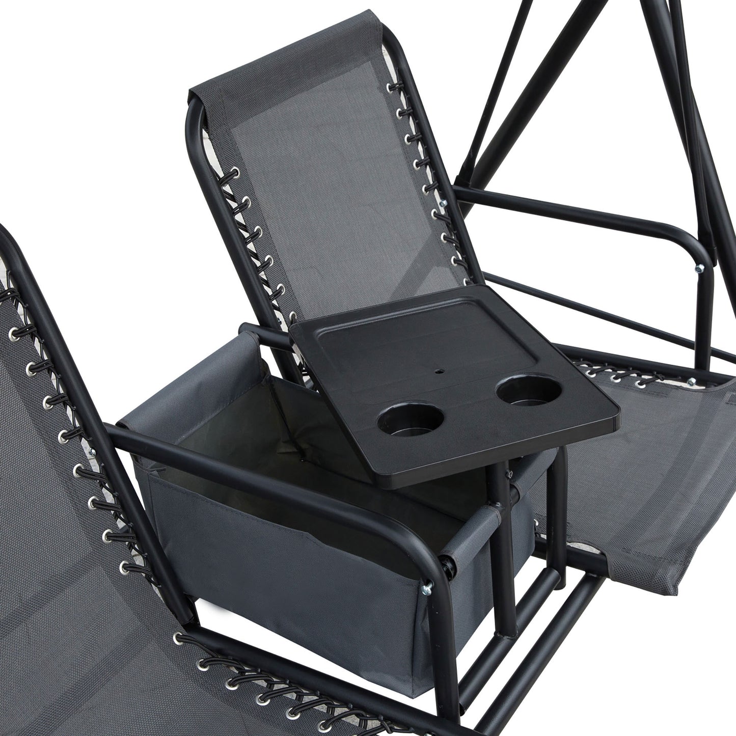 2 Person Covered Porch Swing Patio Swing with Pivot Storage Table, Cup Holder, & Adjustable Overhead Canopy, Black