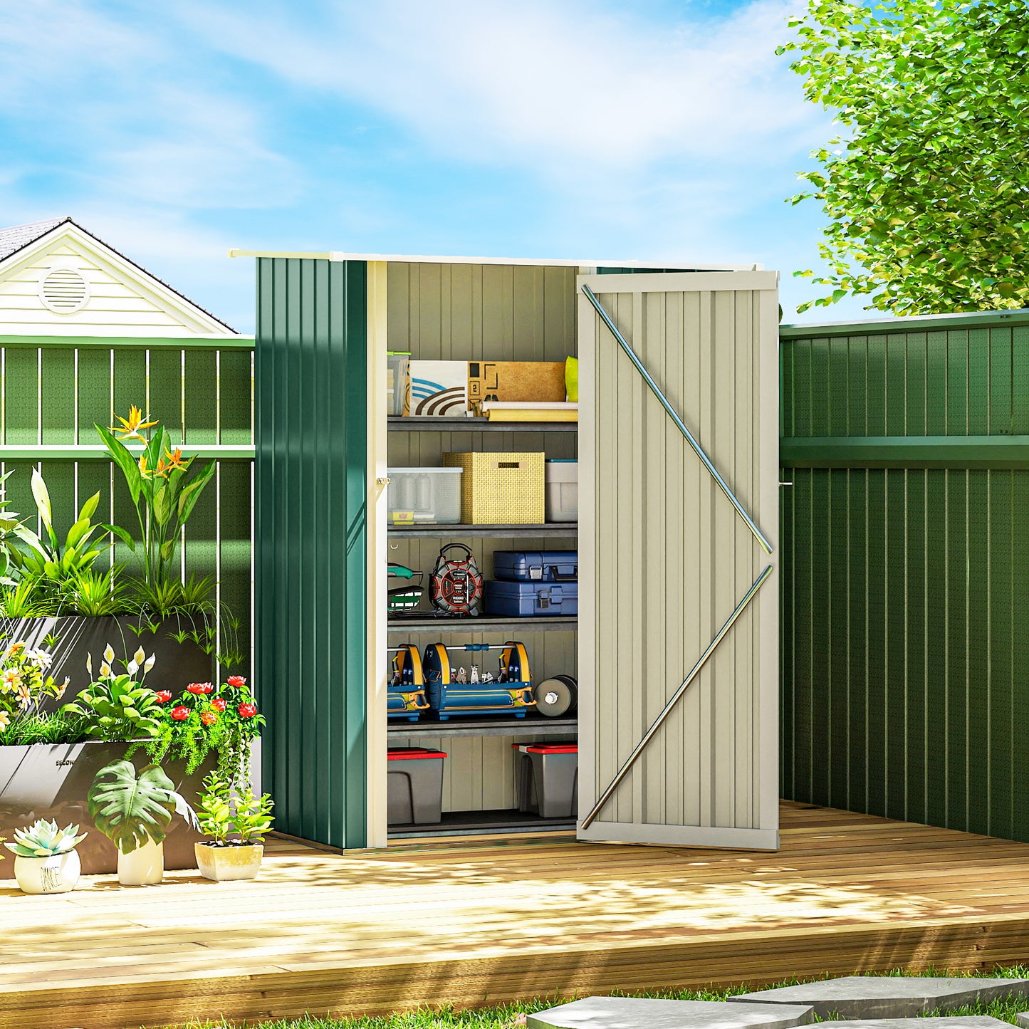5 x 3ft Outdoor Storage Shed Metal Garden Shed Cabanon with Sloped Roof, Lockable Door for Tool, Green